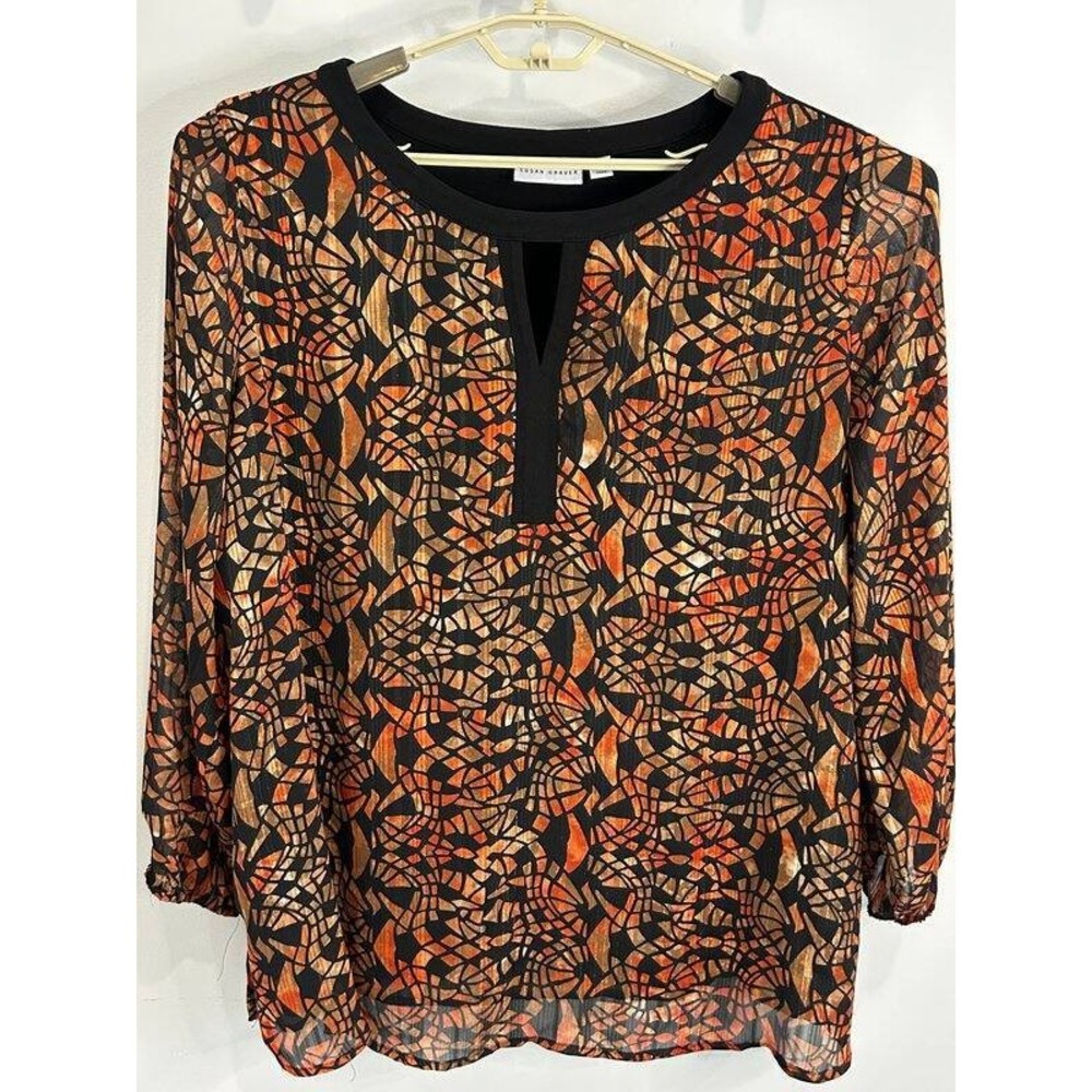Susan Graver Black Orange Monarch Colors Print 3/4 Sleeve Tunic Shirt Size 3X
